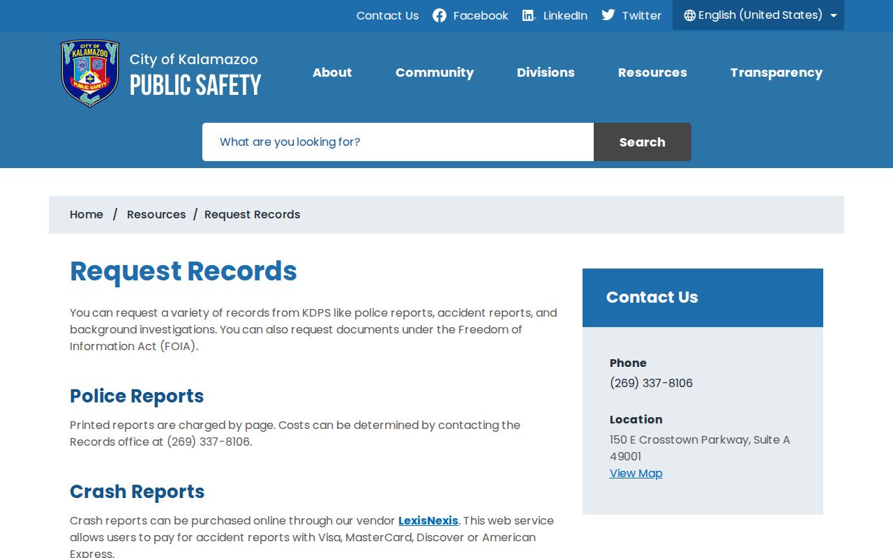 Kalamazoo Department of Public Safety records request page