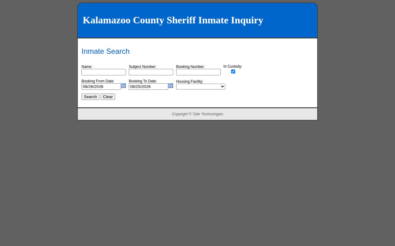 Kalamazoo County jail roster booking-record result interface